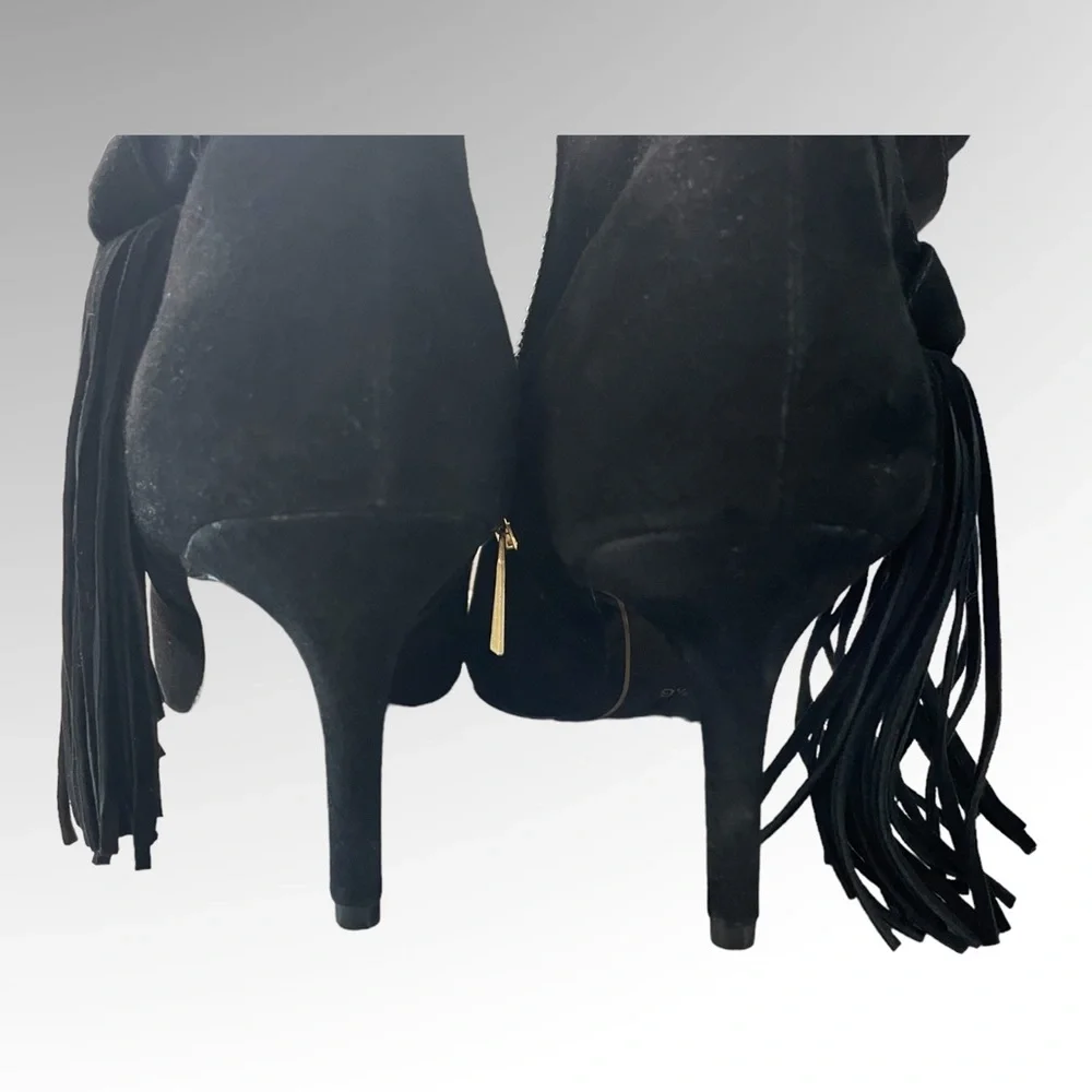 New! CHARLES JOURDAN PARIS Black Suede Fringe Booties Size 9.5